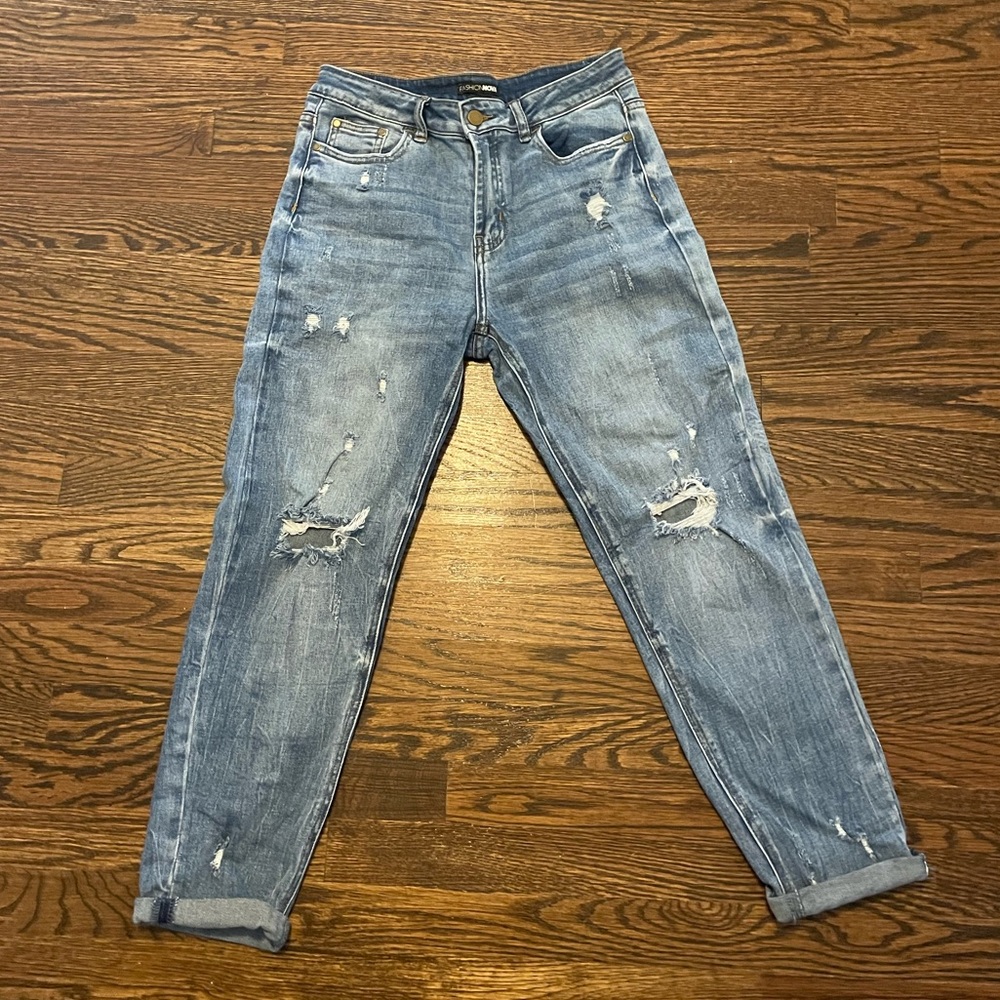 Fashion Nova Distressed Mid-Rise Straight-Leg Jeans